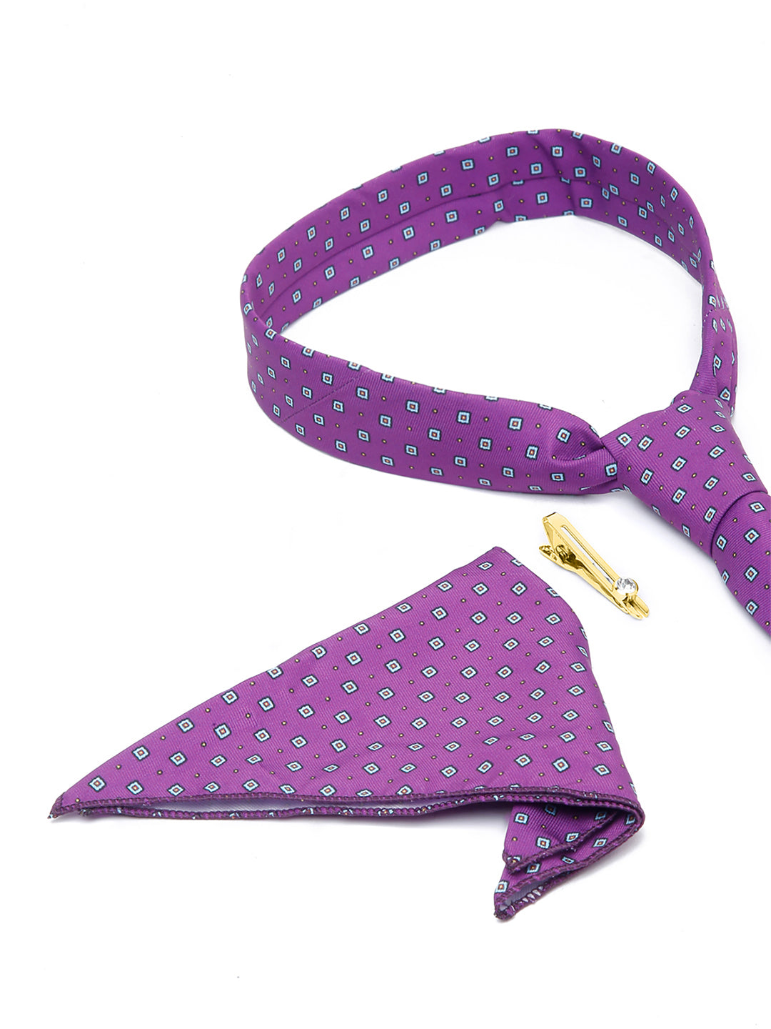 Liliac Purple Luxury Italian Silk Necktie Set With Pocket Square Golden Tie Pin