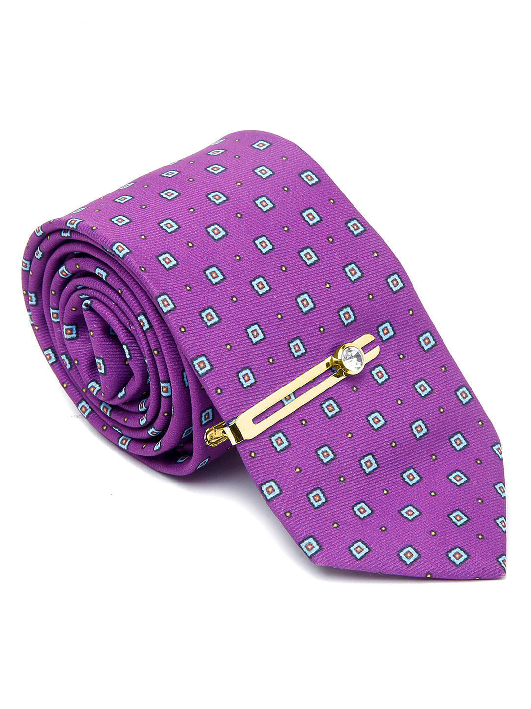 Liliac Purple Luxury Italian Silk Necktie Set With Pocket Square Golden Tie Pin