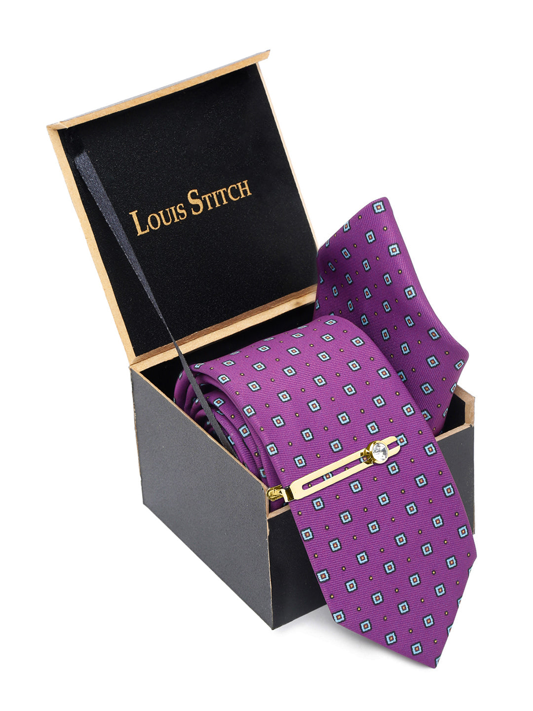 Liliac Purple Luxury Italian Silk Necktie Set With Pocket Square Golden Tie Pin