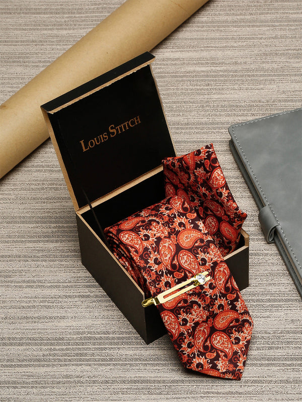 International Orange Luxury Italian Silk Necktie Set With Pocket Square Golden Tie Pin