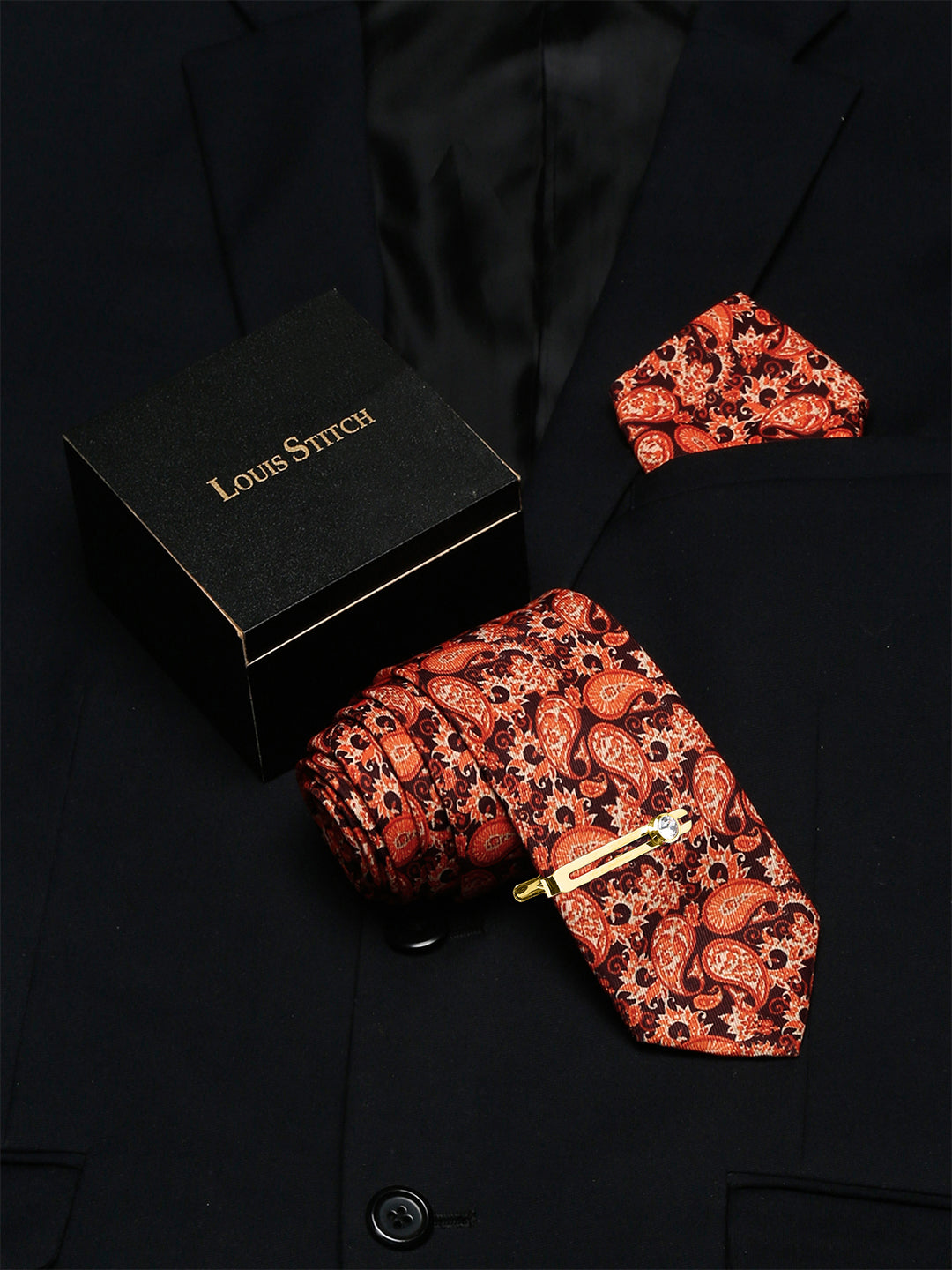 International Orange Luxury Italian Silk Necktie Set With Pocket Square Golden Tie Pin
