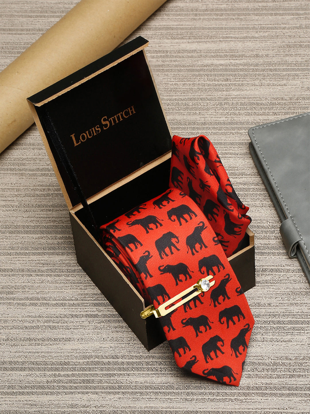 Blaze Orange Luxury Italian Silk Necktie Set With Pocket Square Golden Tie Pin