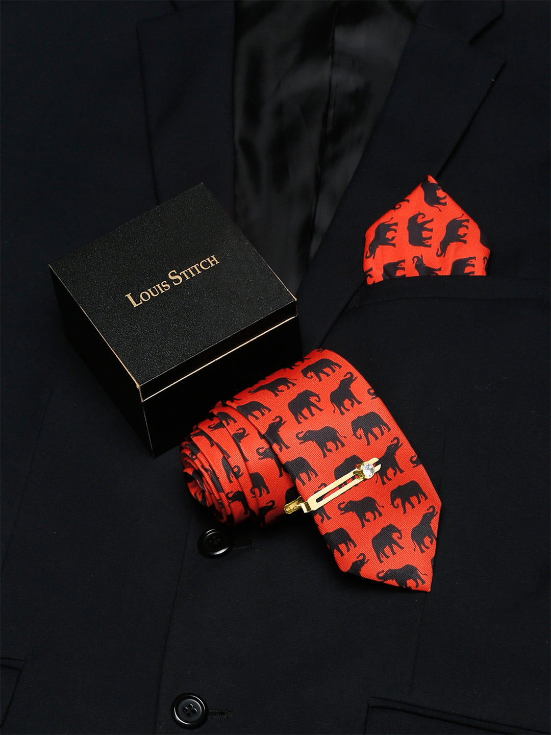 Blaze Orange Luxury Italian Silk Necktie Set With Pocket Square Golden Tie Pin