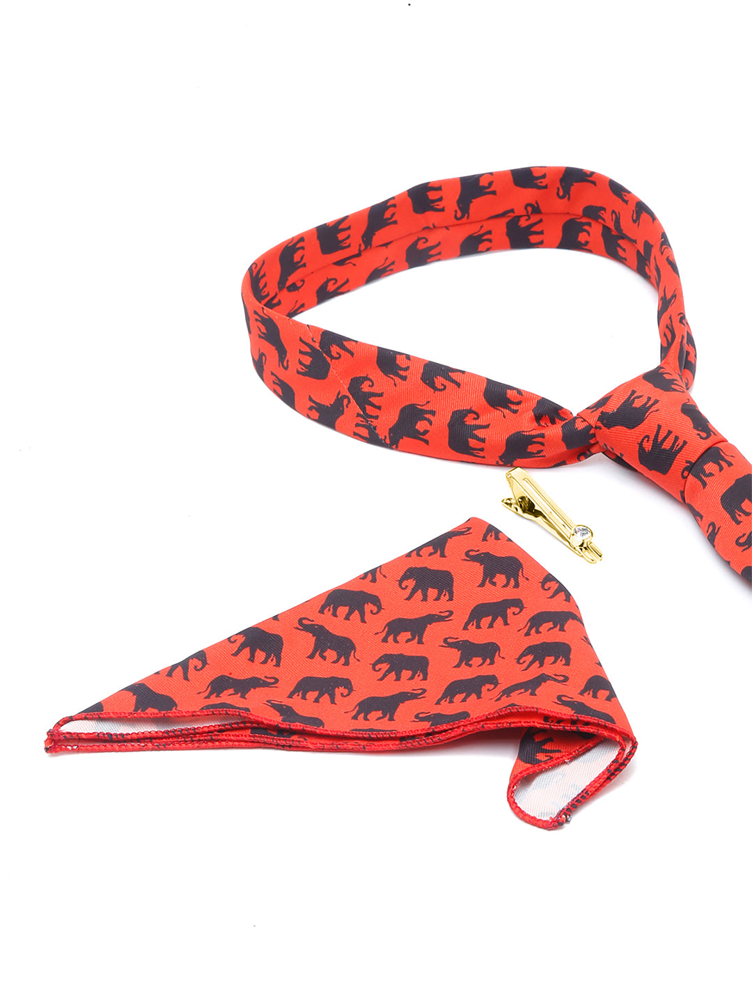 Blaze Orange Luxury Italian Silk Necktie Set With Pocket Square Golden Tie Pin