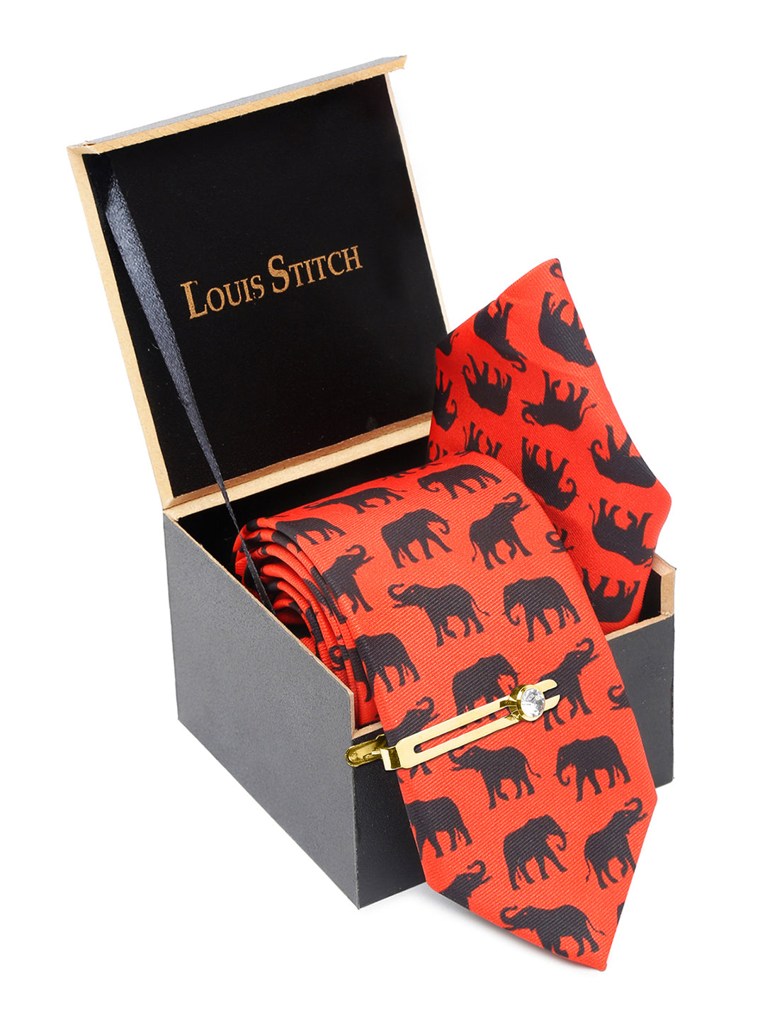Blaze Orange Luxury Italian Silk Necktie Set With Pocket Square Golden Tie Pin