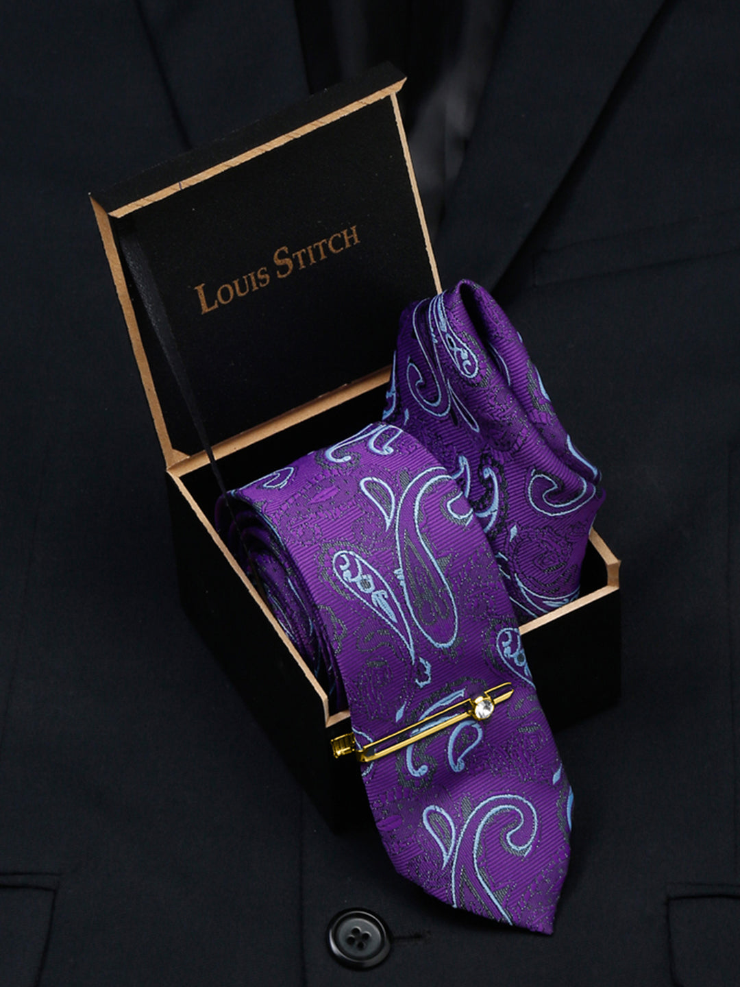 Purple Luxury Italian Silk Necktie Set With Pocket Square Gold Tie pin