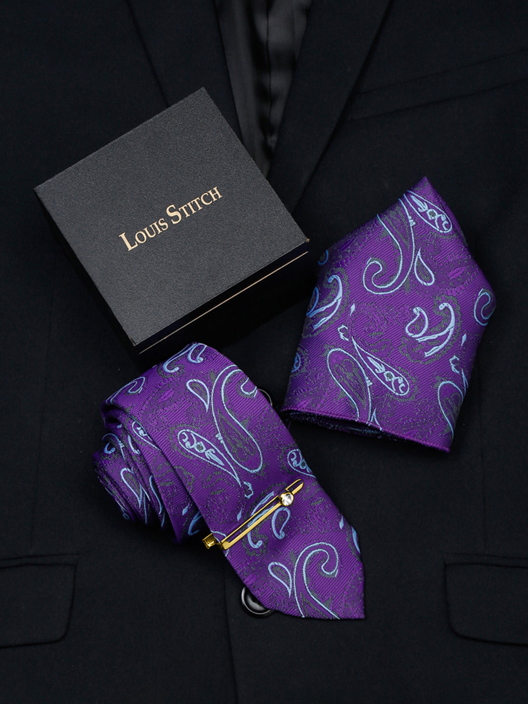 Purple Luxury Italian Silk Necktie Set With Pocket Square Gold Tie pin