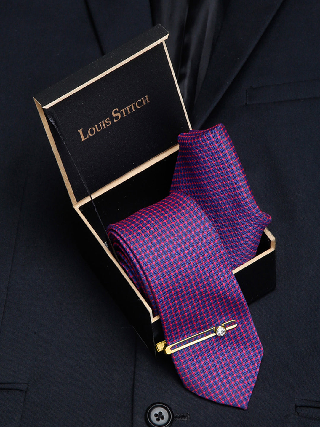 Violet Luxury Italian Silk Necktie Set With Pocket Square Gold Tie pin