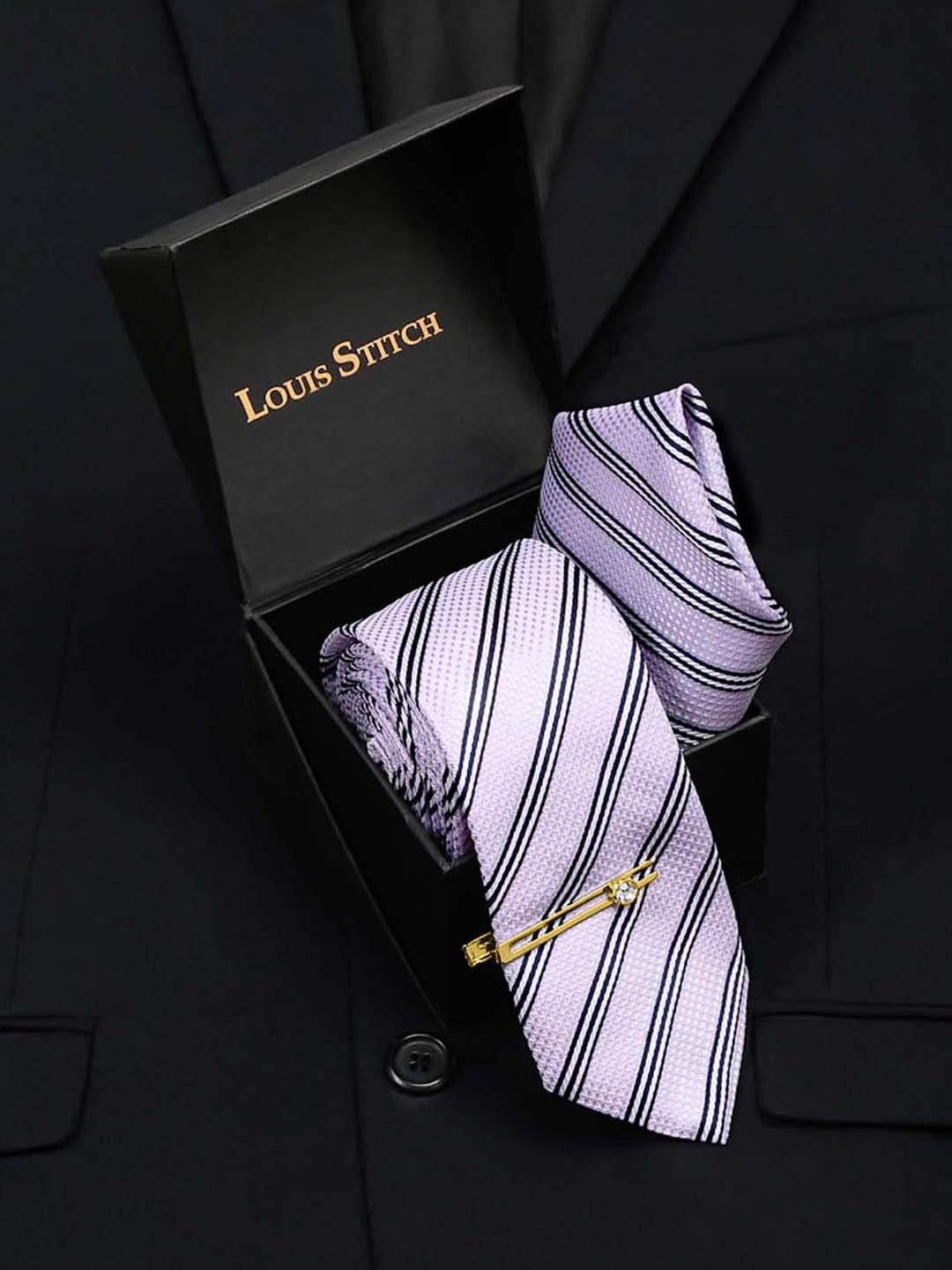 Lavender Italian Silk Necktie Set Pocket Square Golden Tiepin