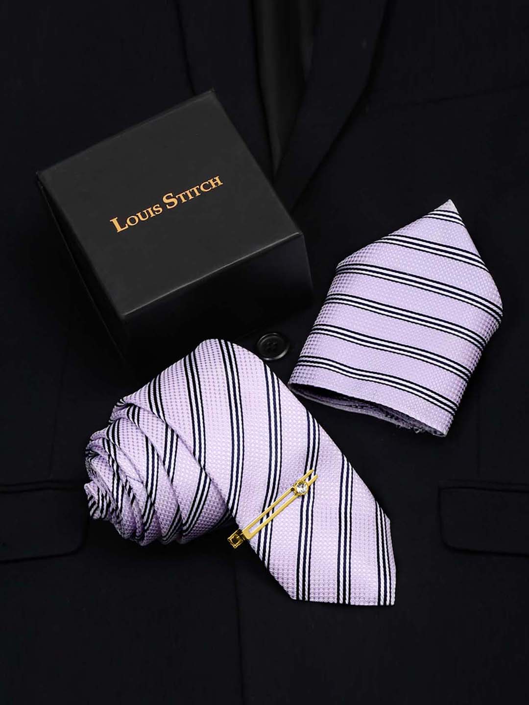 Lavender Italian Silk Necktie Set Pocket Square Golden Tiepin