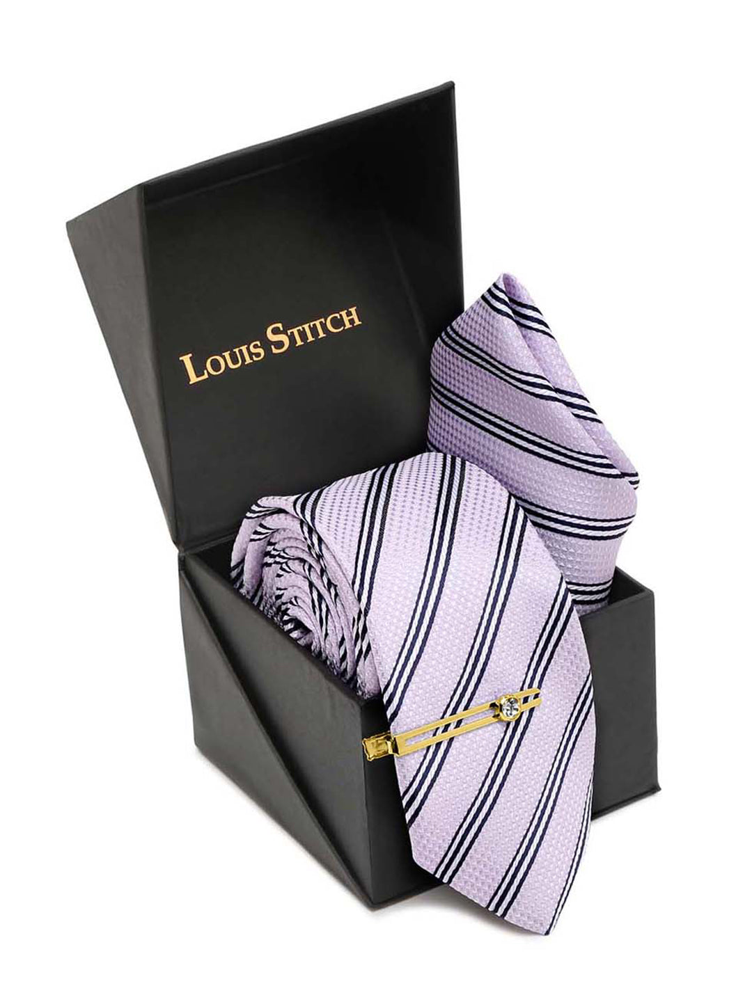 Lavender Italian Silk Necktie Set Pocket Square Golden Tiepin