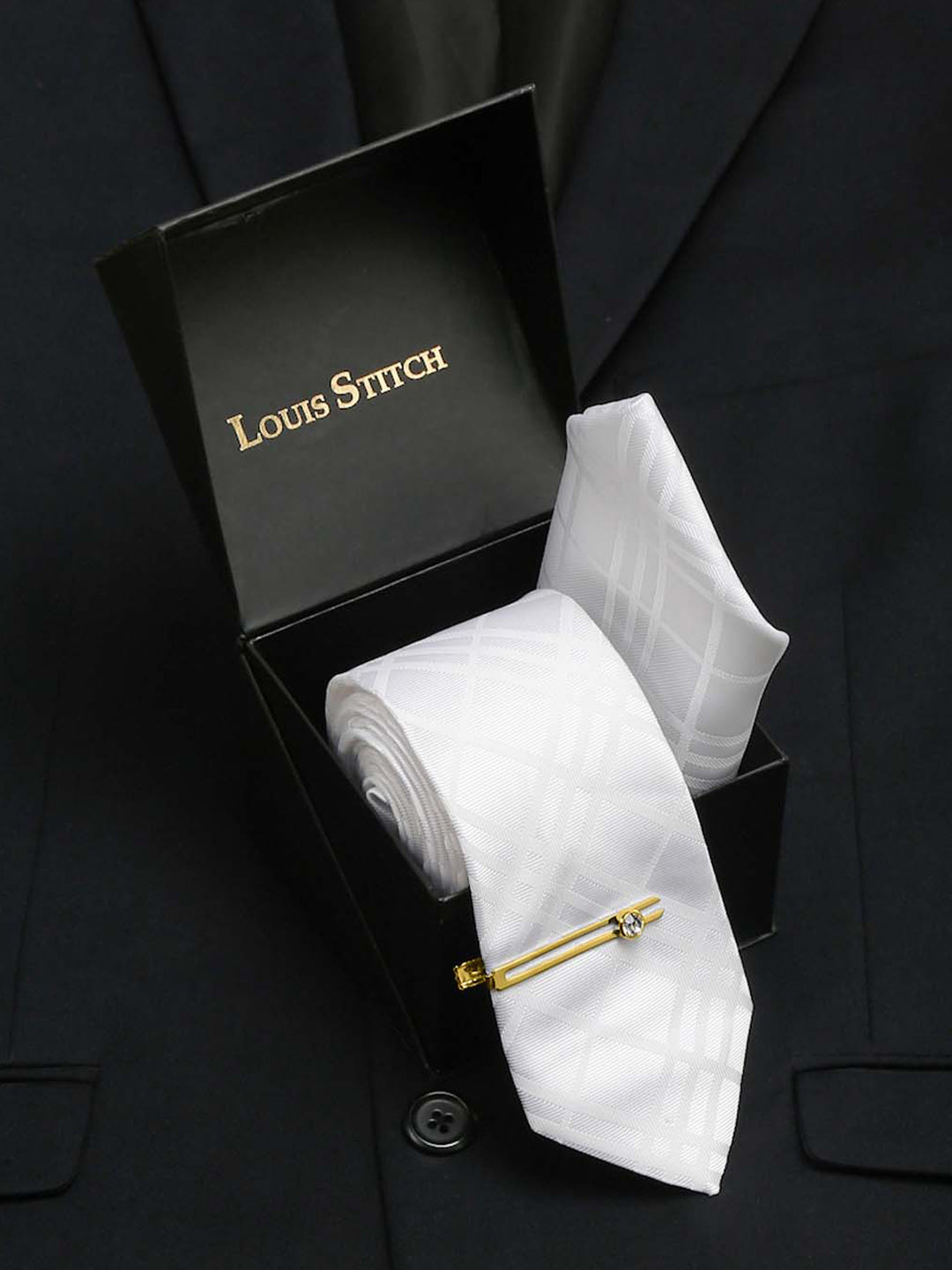 Snow White Italian Silk Necktie Set Pocket Square Golden Tiepin