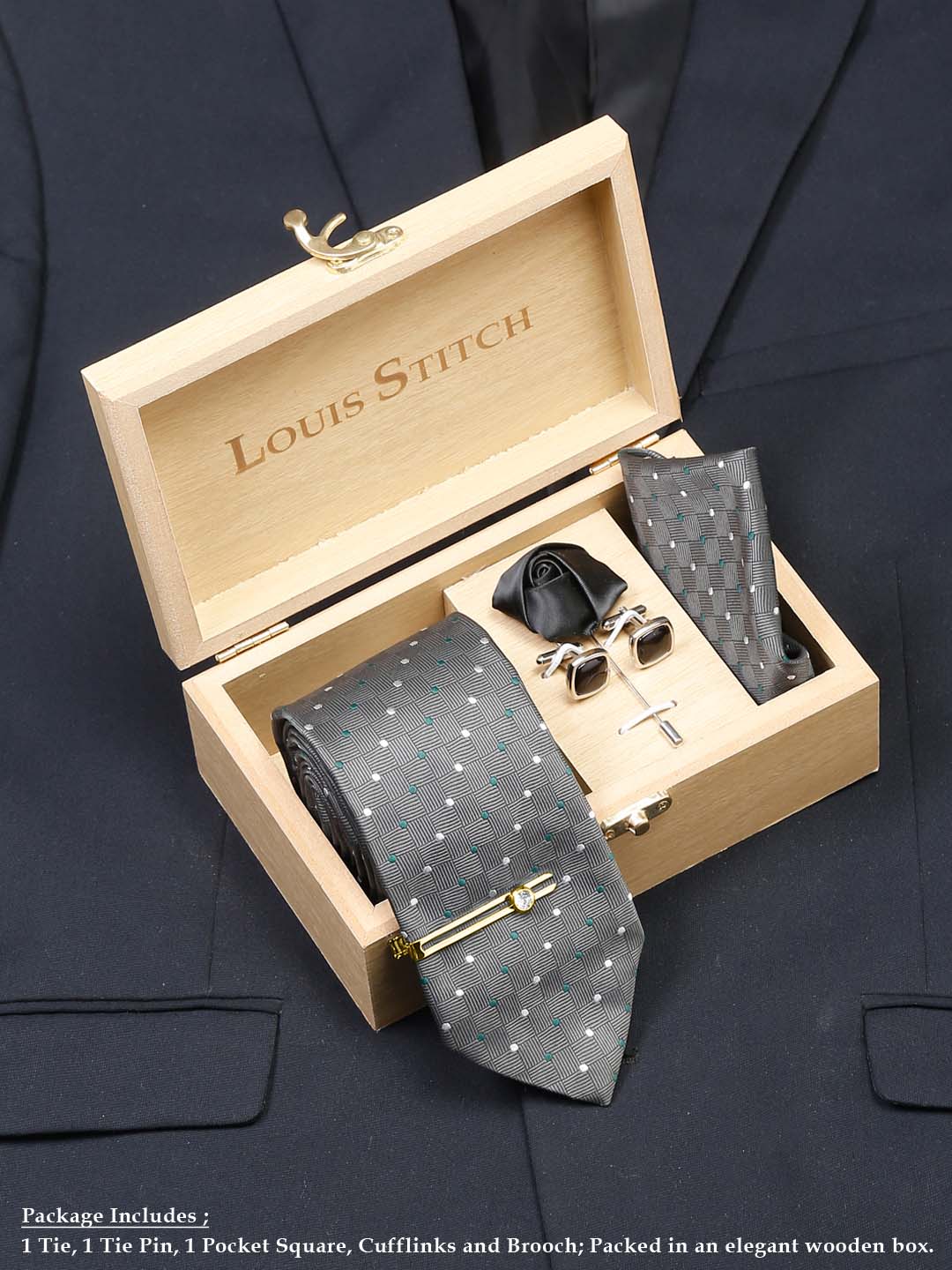 Grey polka Luxury Italian Silk Necktie Set With Pocket Square Cufflinks Brooch Gold Tie pin