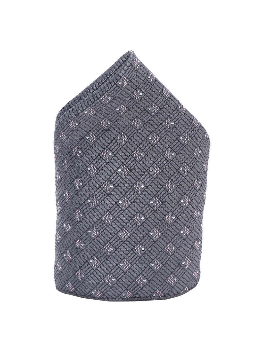 Grey Checkerd Luxury Italian Silk Necktie Set With Pocket Square Cufflinks Brooch Chrome Tie pin