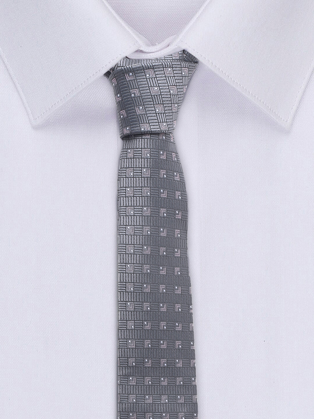 Grey Checkerd Luxury Italian Silk Necktie Set With Pocket Square Cufflinks Brooch Chrome Tie pin