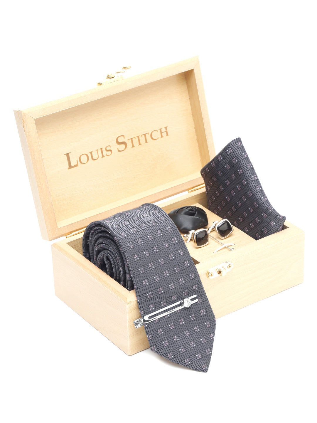 Grey Checkerd Luxury Italian Silk Necktie Set With Pocket Square Cufflinks Brooch Chrome Tie pin
