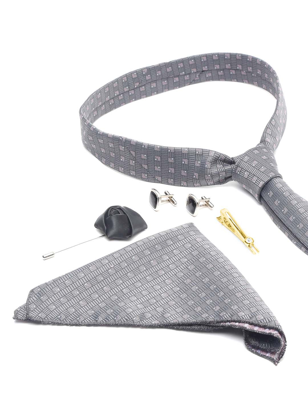 Grey Checkerd Luxury Italian Silk Necktie Set With Pocket Square Cufflinks Brooch Gold Tie pin