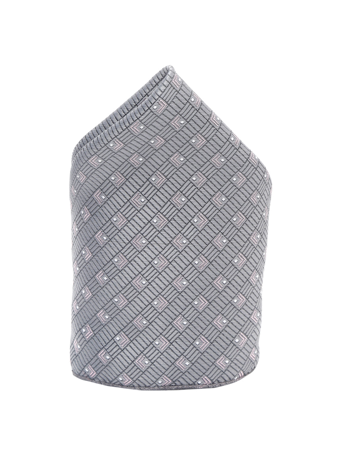 Grey Checkerd Luxury Italian Silk Necktie Set With Pocket Square Cufflinks Brooch Gold Tie pin