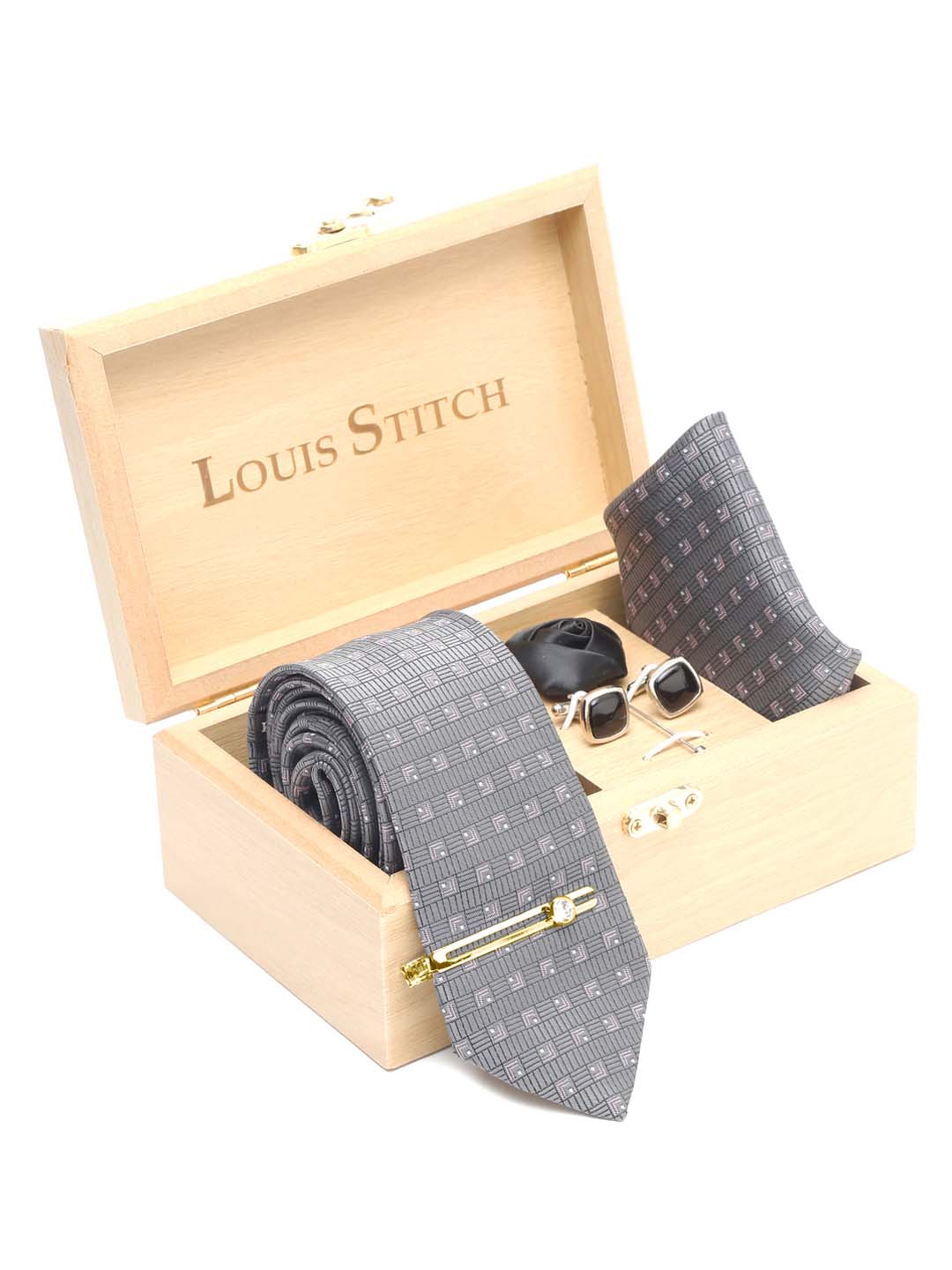 Grey Checkerd Luxury Italian Silk Necktie Set With Pocket Square Cufflinks Brooch Gold Tie pin