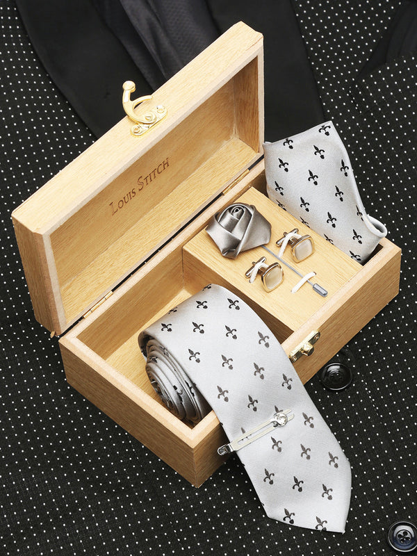  Arrow Grey Luxury Italian Silk Necktie Set With Pocket Square Cufflinks Brooch Chrome Tie pin