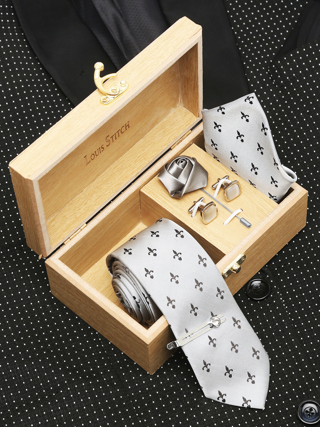Arrow Grey Luxury Italian Silk Necktie Set With Pocket Square Cufflinks Brooch Chrome Tie pin