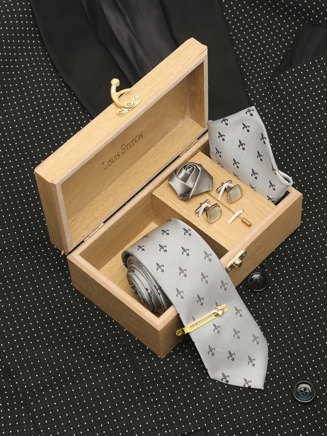 Arrow Grey Luxury Italian Silk Necktie Set With Pocket Square Cufflinks Brooch Gold Tie pin