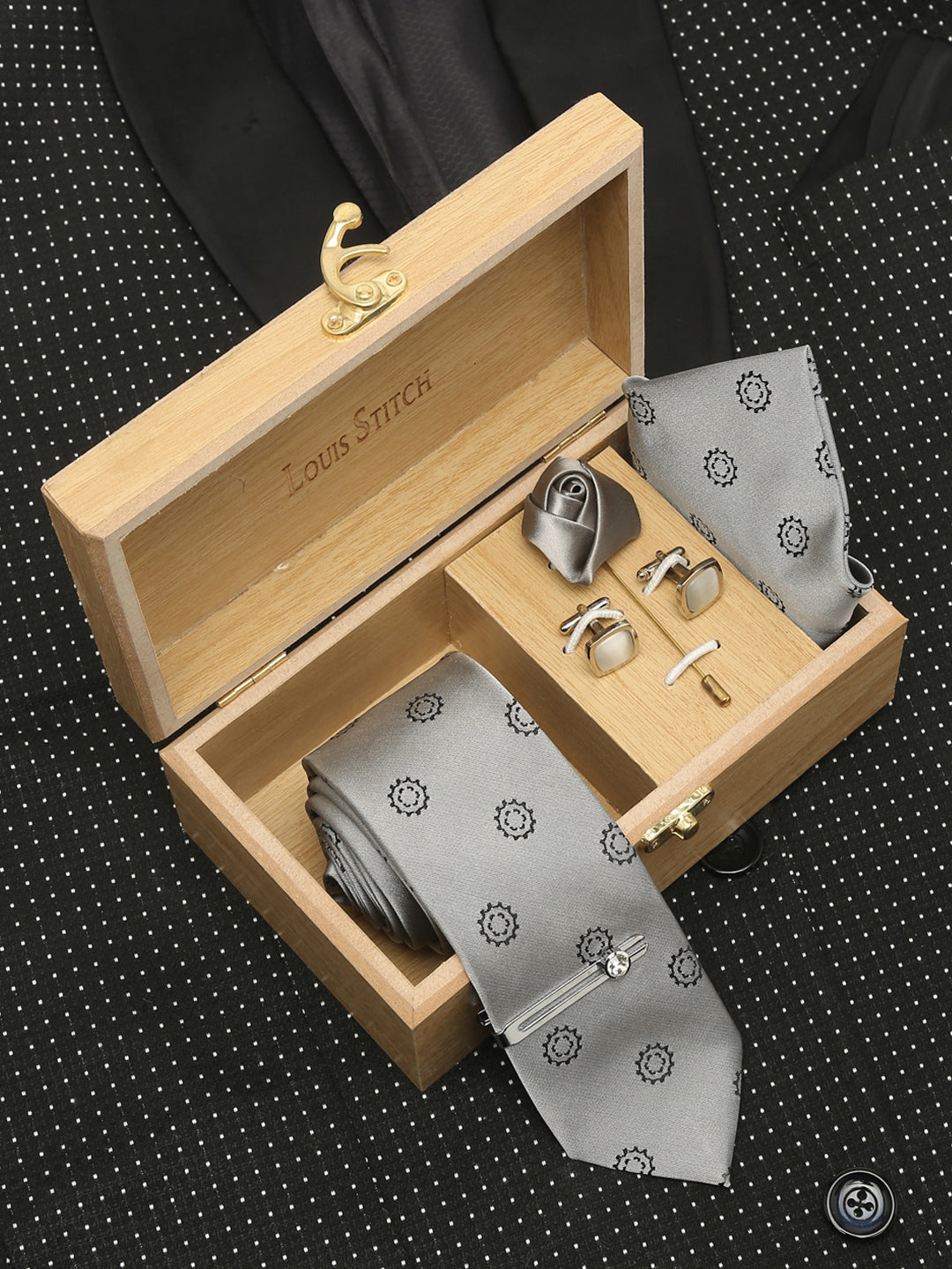 Polka Grey Luxury Italian Silk Necktie Set With Pocket Square Cufflinks Brooch Chrome Tie pin