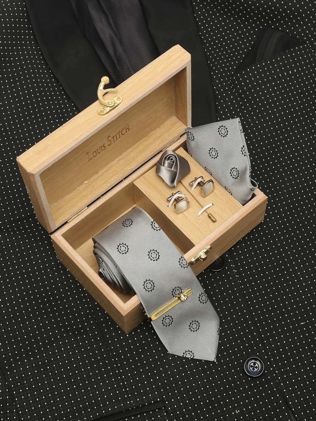 Polka Grey Luxury Italian Silk Necktie Set With Pocket Square Cufflinks Brooch Gold Tie pin
