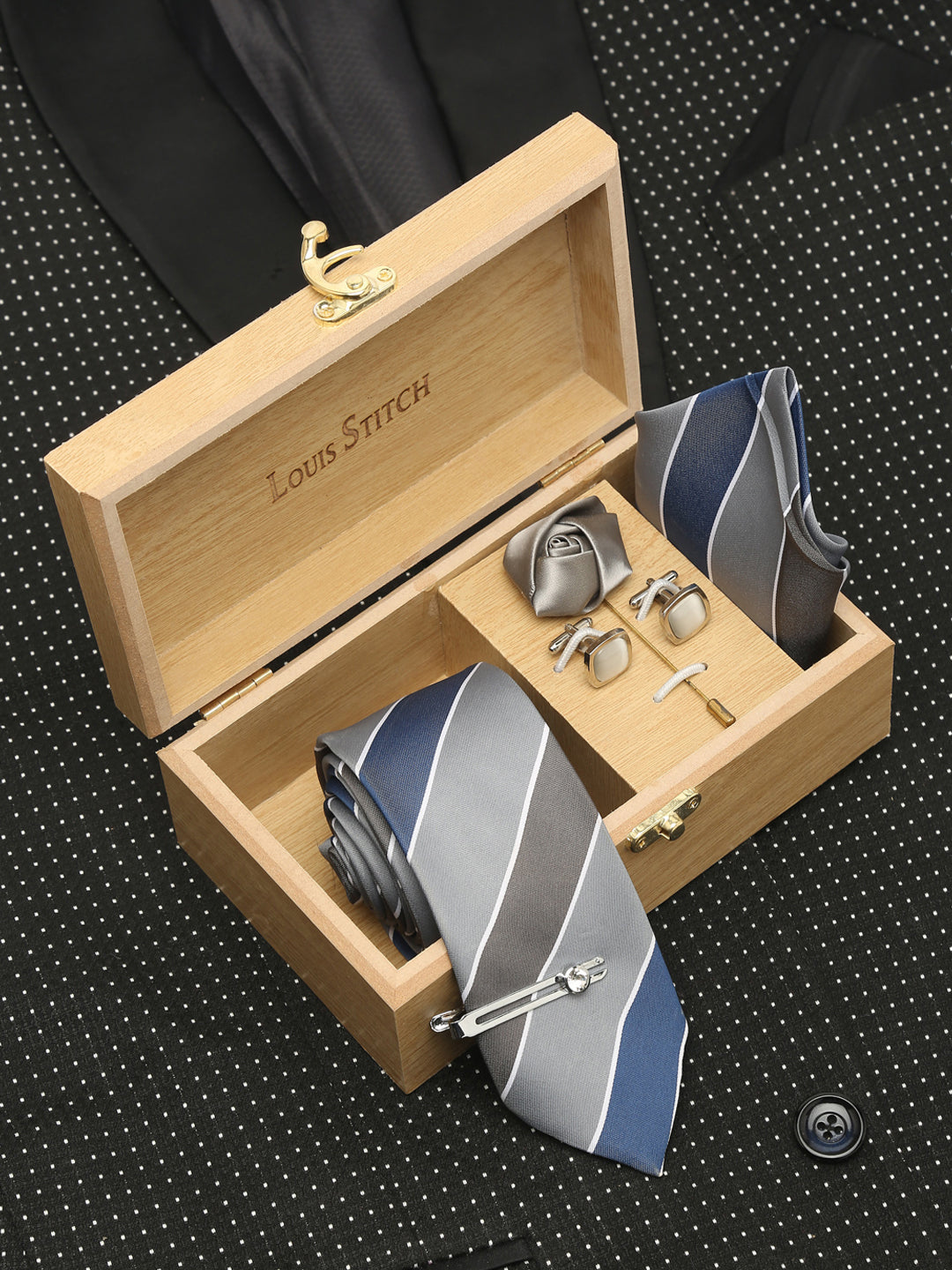 Lined Blue Luxury Italian Silk Necktie Set With Pocket Square Cufflinks Brooch Chrome Tie pin