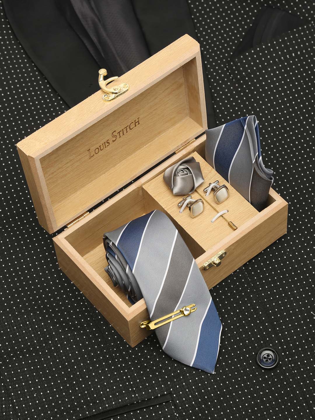 Lined Blue Luxury Italian Silk Necktie Set With Pocket Square Cufflinks Brooch Gold Tie pin