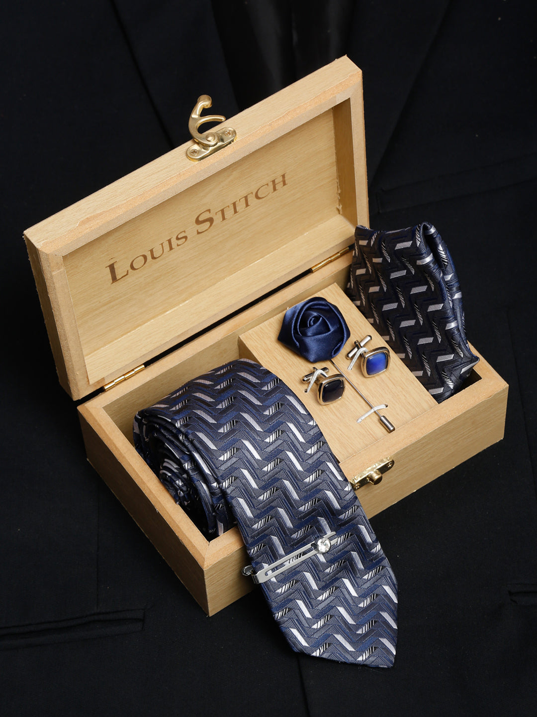 Shadow Grey Luxury Italian Silk Necktie Set With Pocket Square Cufflinks Brooch Chrome Tie pin