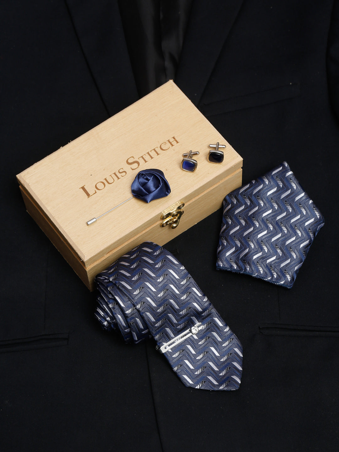Shadow Grey Luxury Italian Silk Necktie Set With Pocket Square Cufflinks Brooch Chrome Tie pin