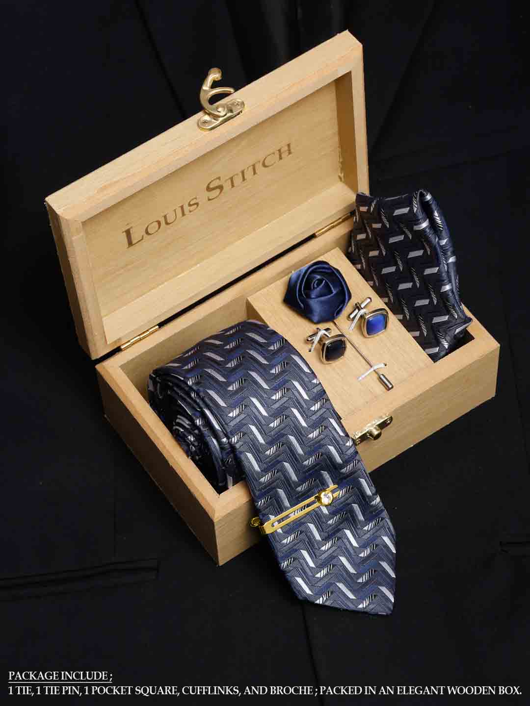 Shadow Grey Luxury Italian Silk Necktie Set With Pocket Square Cufflinks Brooch Gold Tie pin