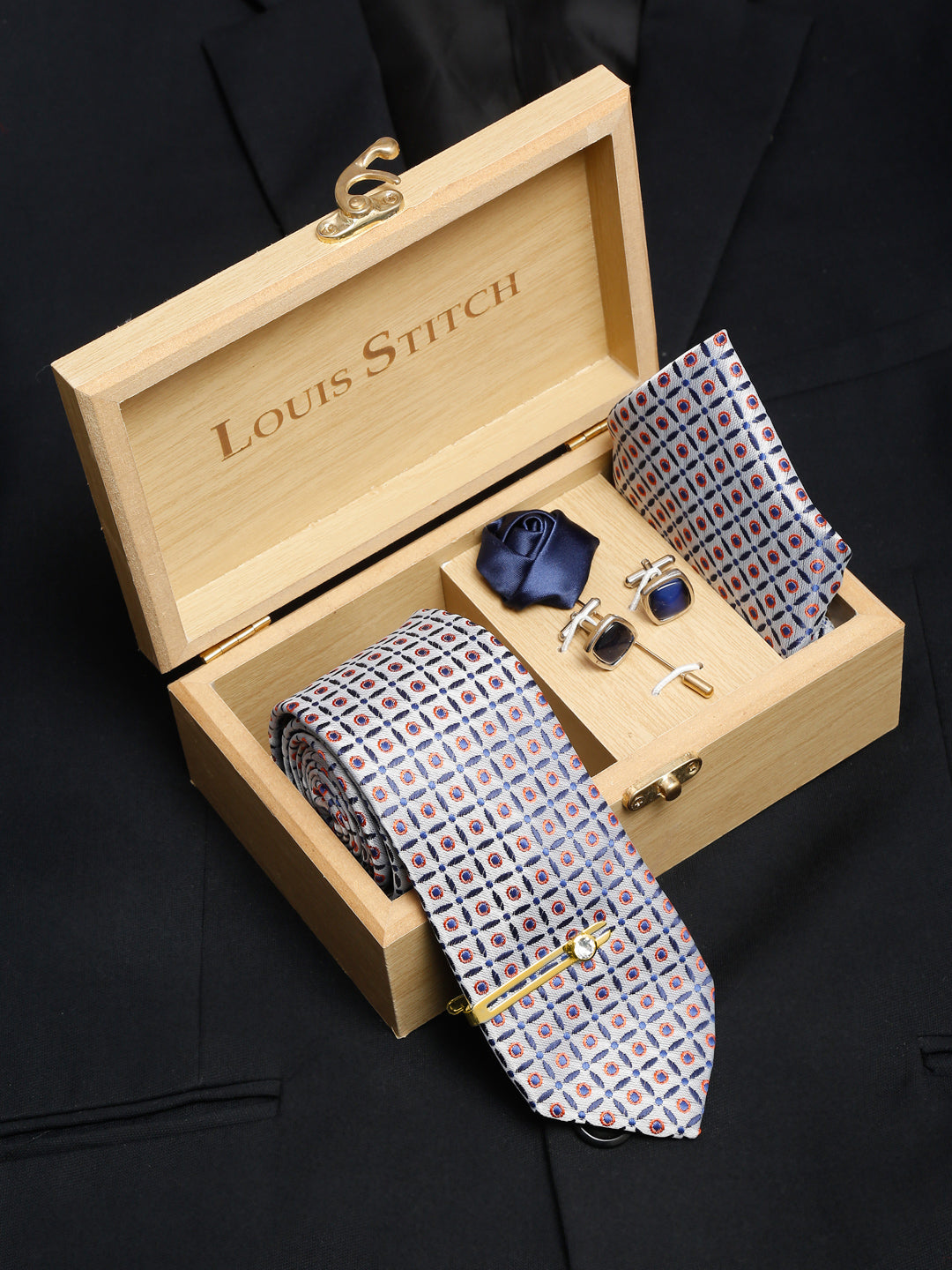 Cloud Grey Luxury Italian Silk Necktie Set With Pocket Square Cufflinks Brooch Gold Tie pin