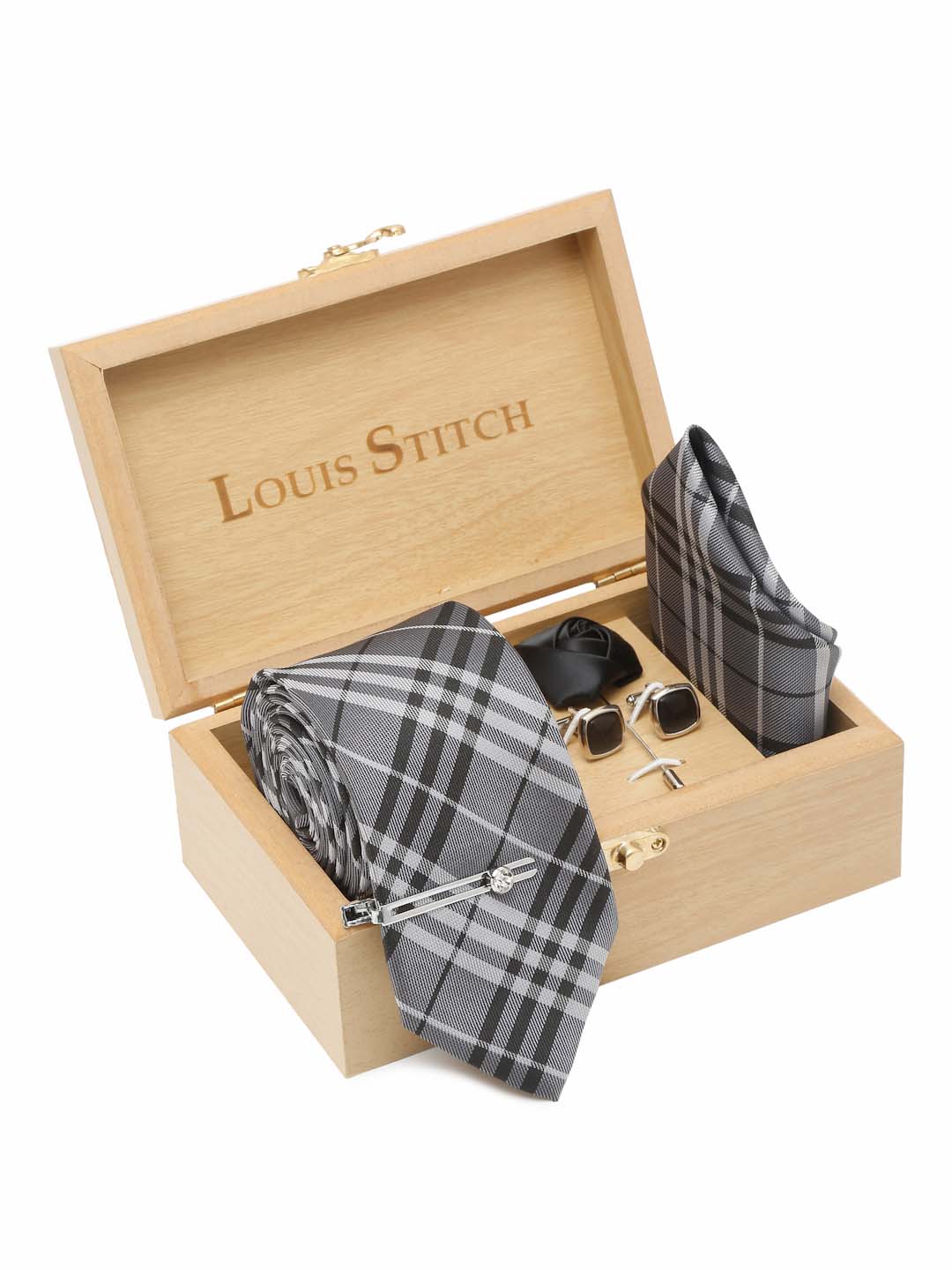 Steel Grey Italian Silk Necktie Set Pocket Square Chrome Tiepin cufflinks and Brooch