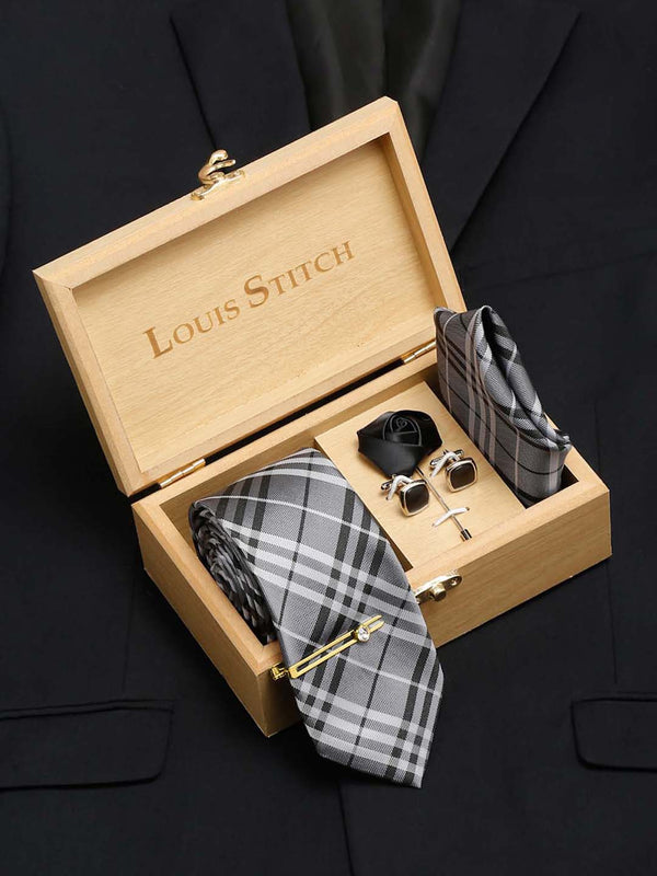 Steel Grey Italian Silk Necktie Set Pocket Square Golden Tiepin cufflinks and Brooch