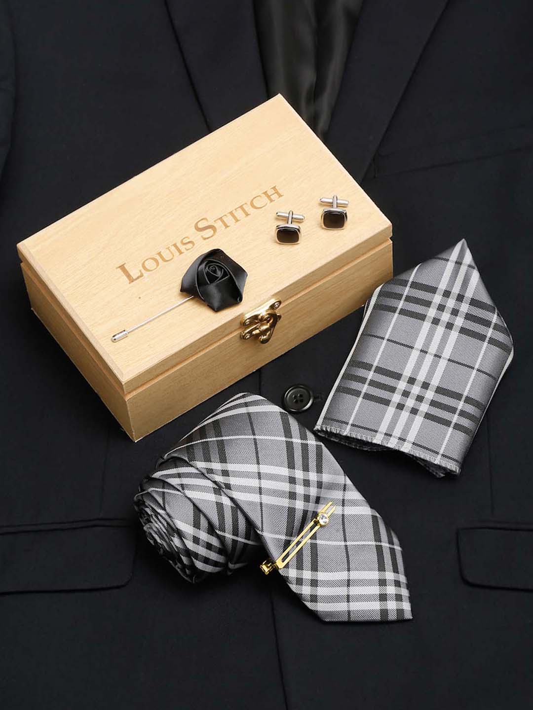 Steel Grey Italian Silk Necktie Set Pocket Square Golden Tiepin cufflinks and Brooch