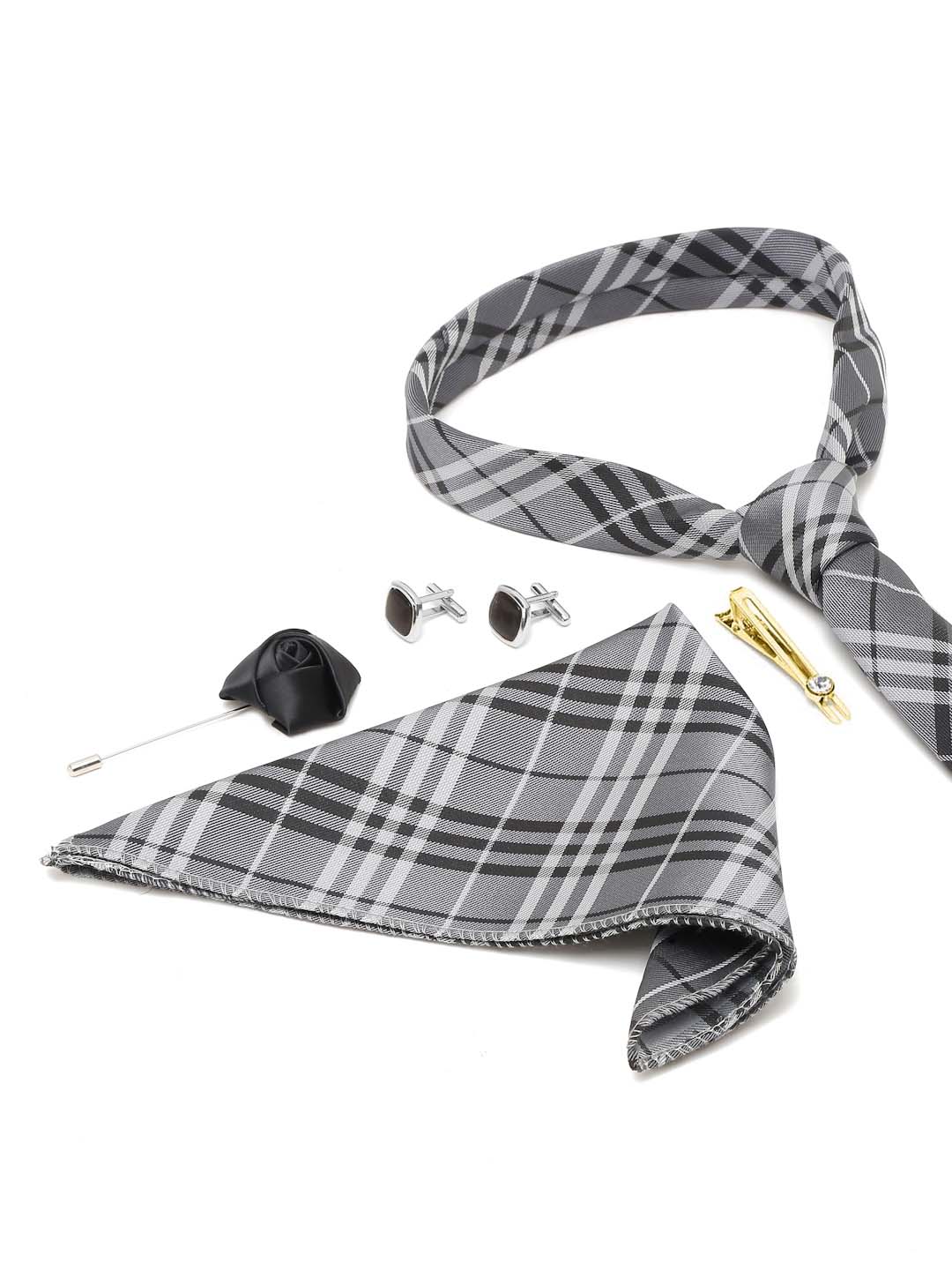 Steel Grey Italian Silk Necktie Set Pocket Square Golden Tiepin cufflinks and Brooch