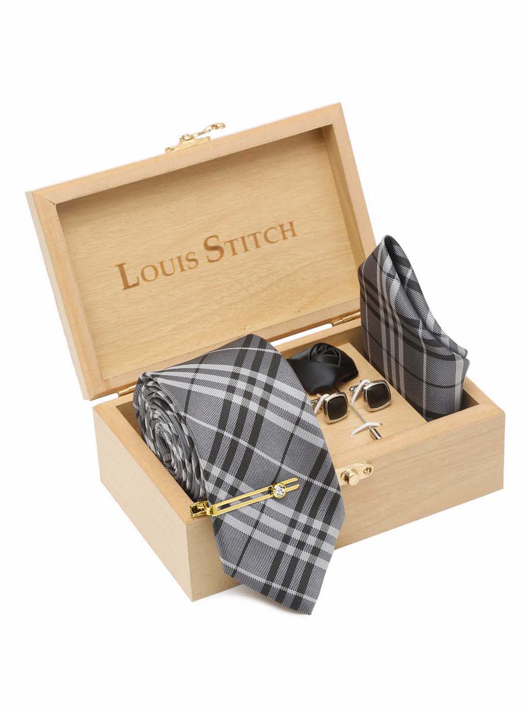 Steel Grey Italian Silk Necktie Set Pocket Square Golden Tiepin cufflinks and Brooch