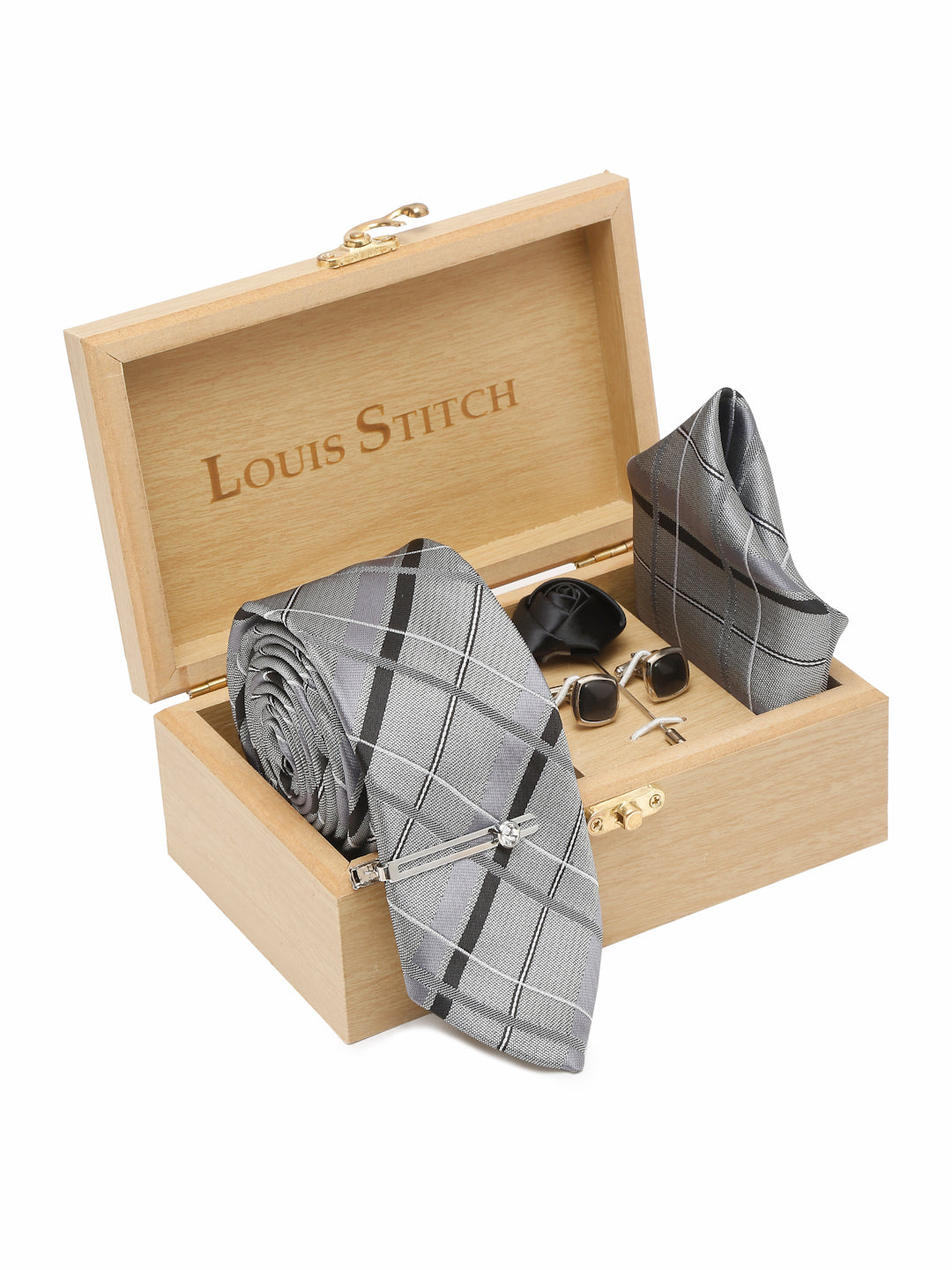 Pewter Grey Italian Silk Necktie Set Pocket Square Chrome Tiepin cufflinks and Brooch
