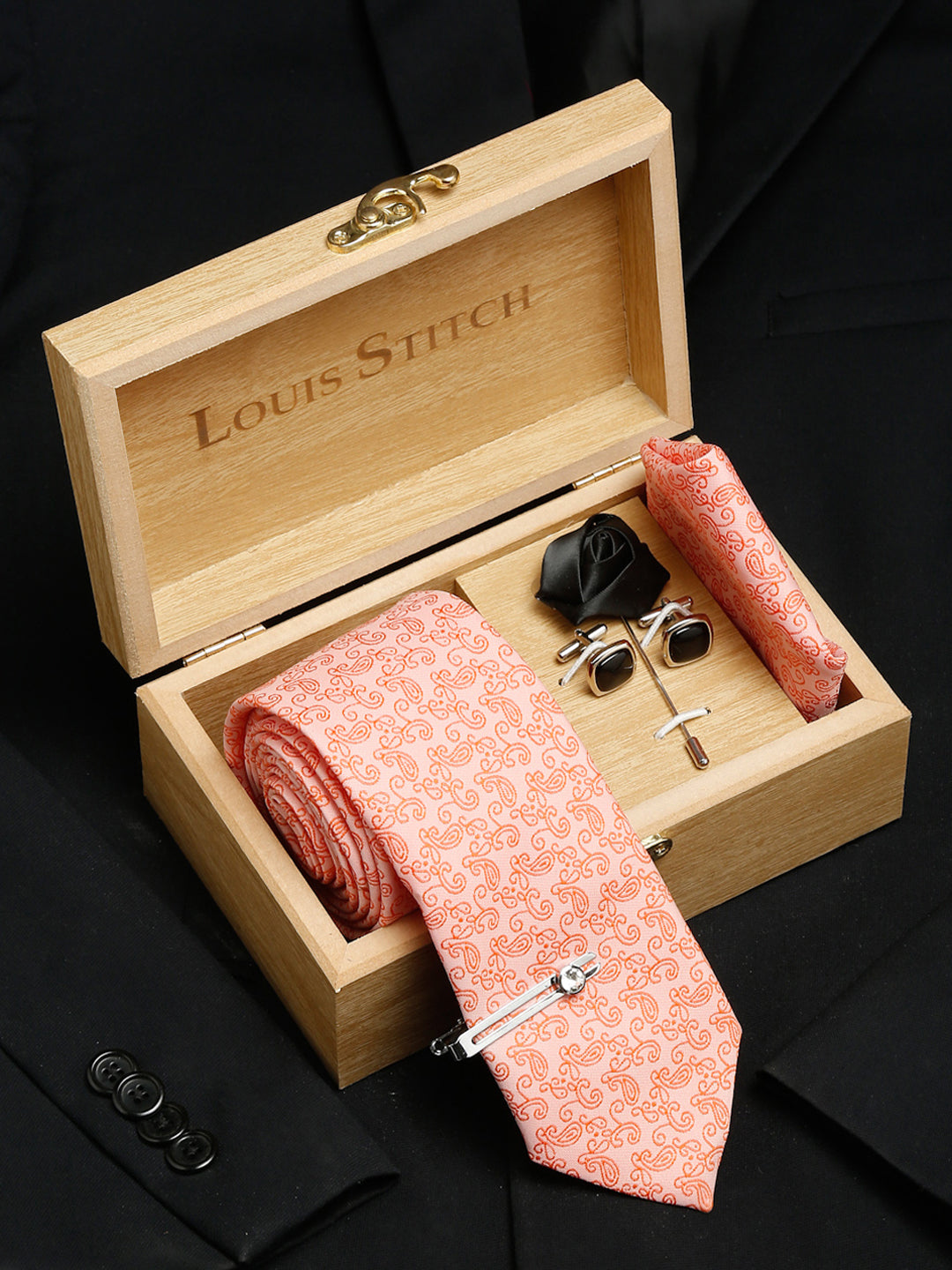 Coral Luxury Italian Silk Necktie Set With Pocket Square Cufflinks Brooch Chrome Tie pin