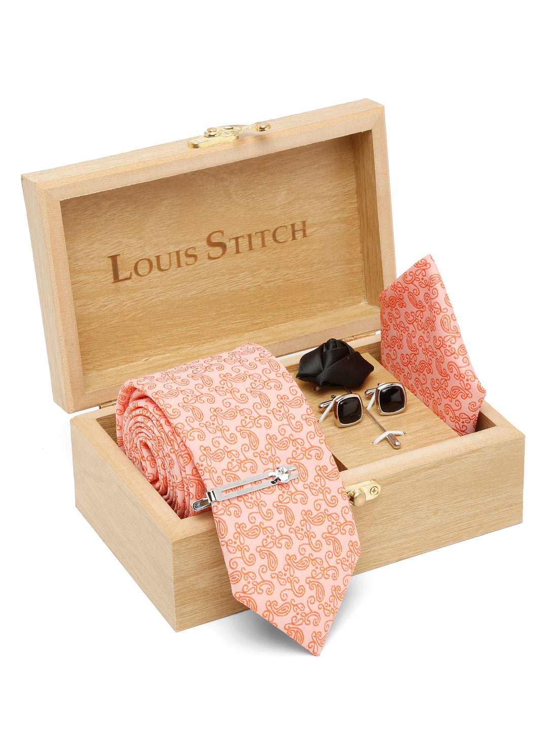 Coral Luxury Italian Silk Necktie Set With Pocket Square Cufflinks Brooch Chrome Tie pin