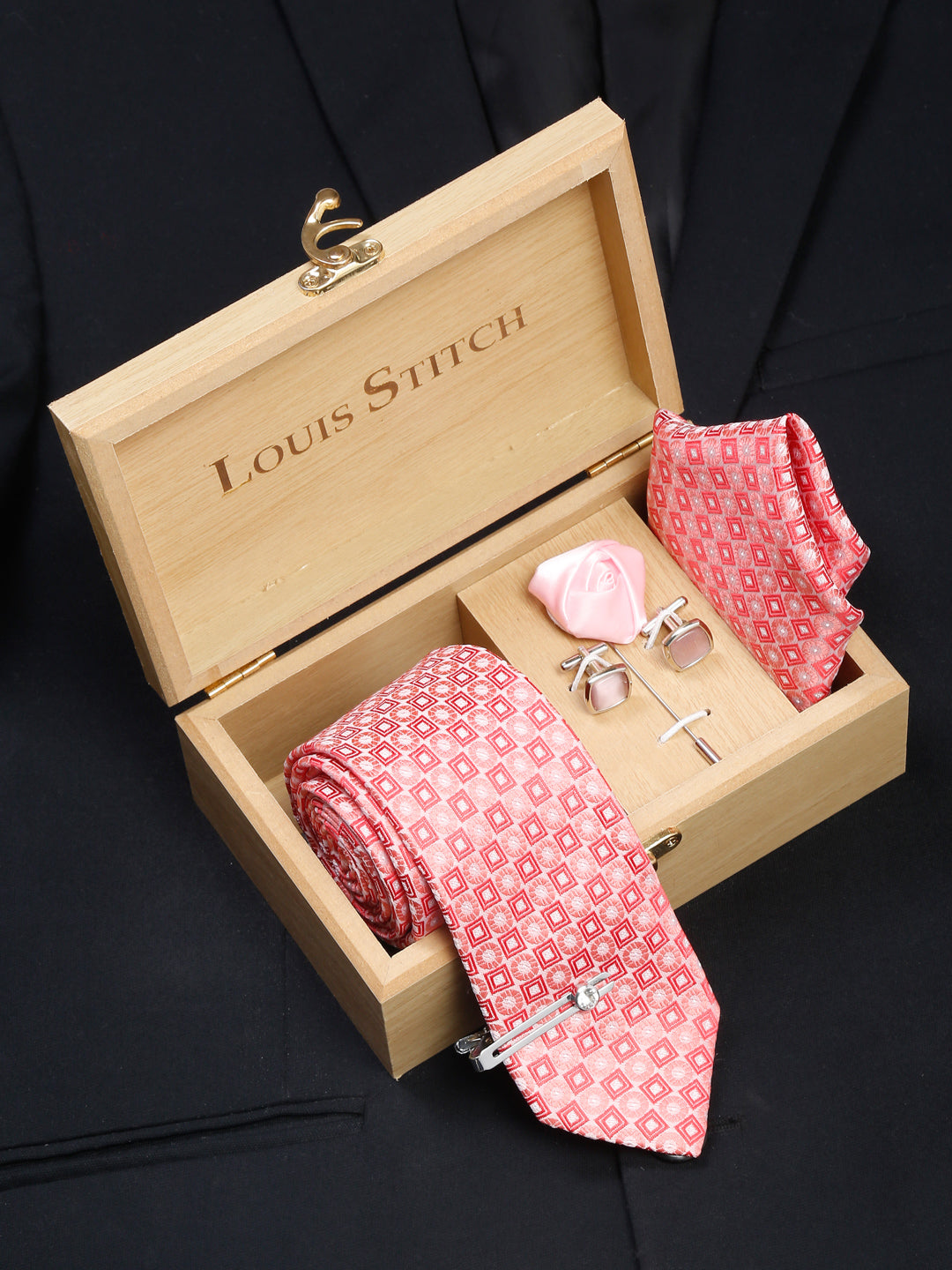 Salmon Peach Luxury Italian Silk Necktie Set With Pocket Square Cufflinks Brooch Chrome Tie pin