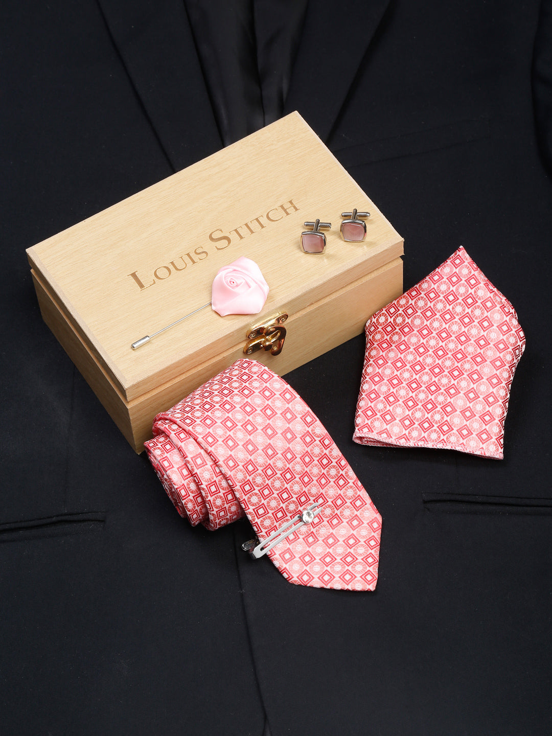 Salmon Peach Luxury Italian Silk Necktie Set With Pocket Square Cufflinks Brooch Chrome Tie pin