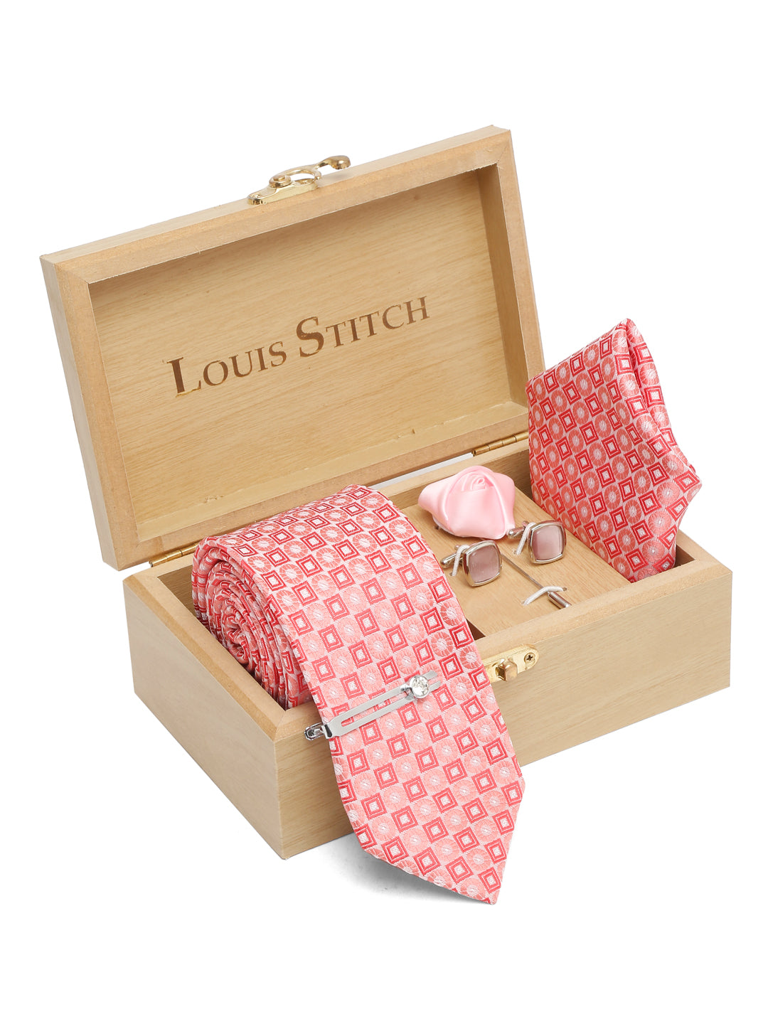 Salmon Peach Luxury Italian Silk Necktie Set With Pocket Square Cufflinks Brooch Chrome Tie pin