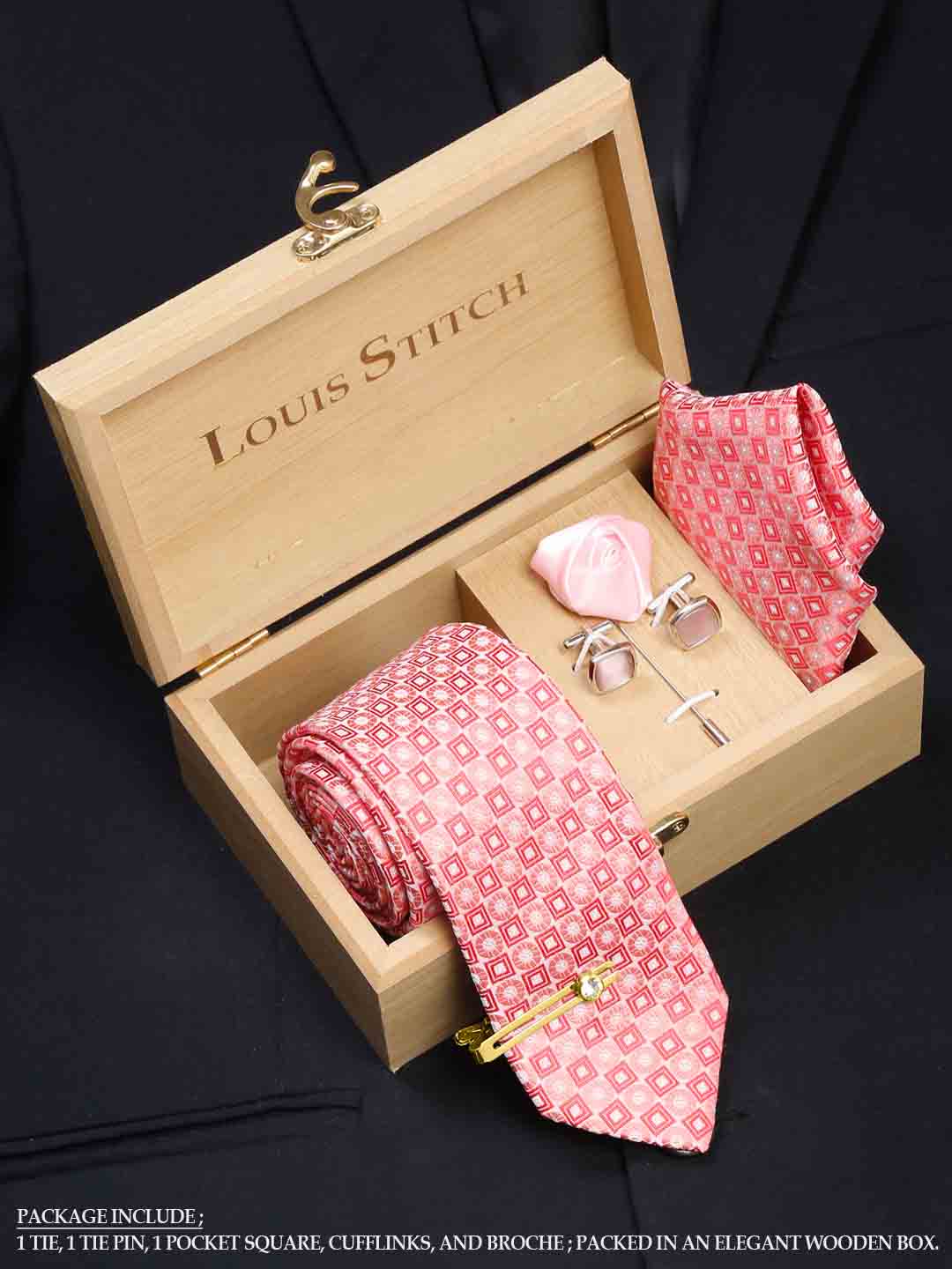 Salmon Peach Luxury Italian Silk Necktie Set With Pocket Square Cufflinks Brooch Gold Tie pin