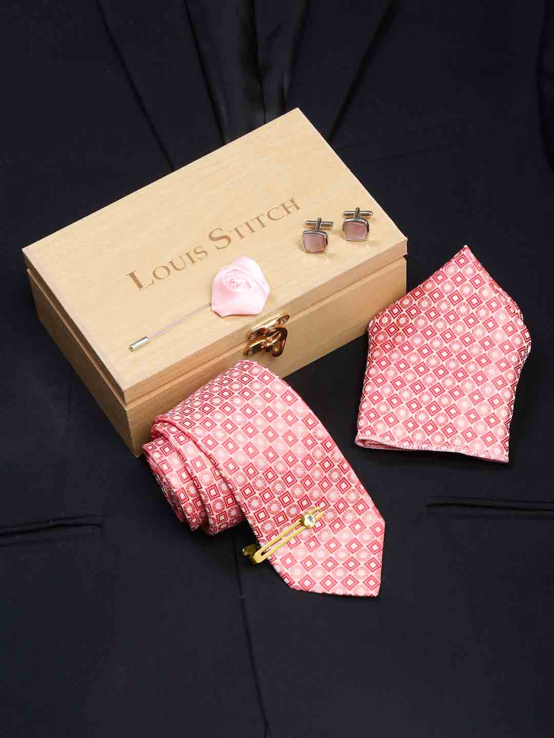 Salmon Peach Luxury Italian Silk Necktie Set With Pocket Square Cufflinks Brooch Gold Tie pin