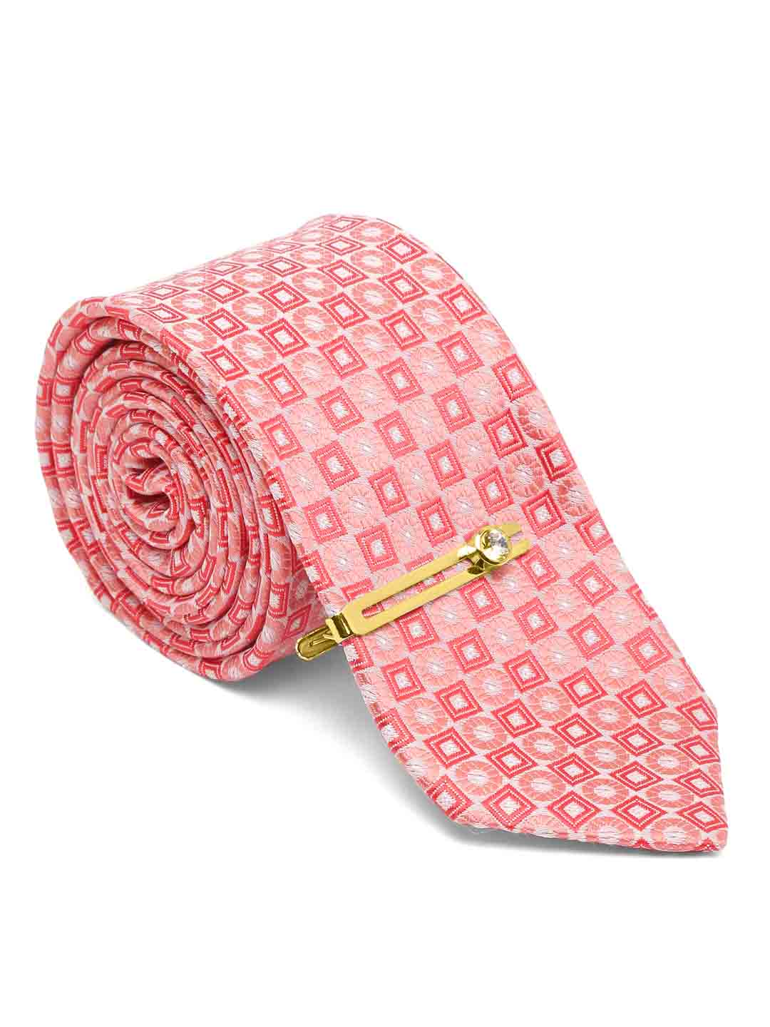 Salmon Peach Luxury Italian Silk Necktie Set With Pocket Square Cufflinks Brooch Gold Tie pin