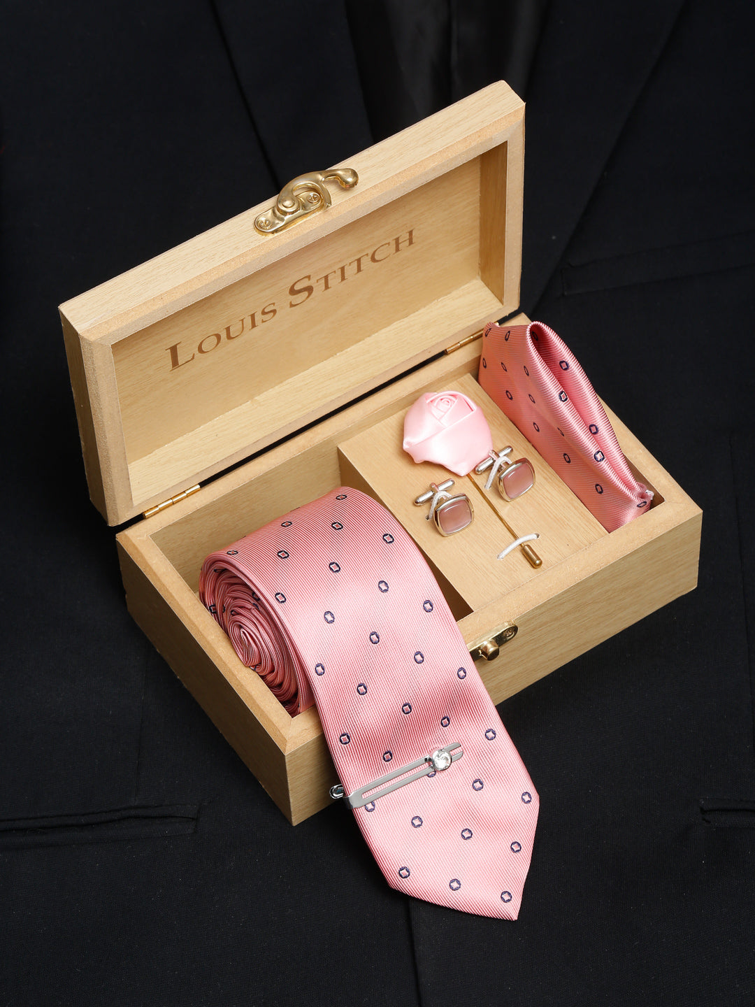 Apricot Peach Luxury Italian Silk Necktie Set With Pocket Square Cufflinks Brooch Chrome Tie pin