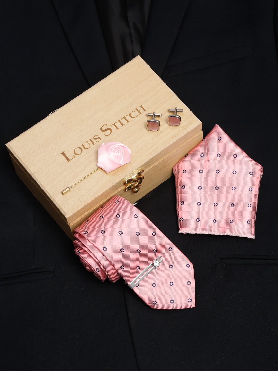 Apricot Peach Luxury Italian Silk Necktie Set With Pocket Square Cufflinks Brooch Chrome Tie pin